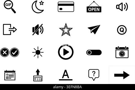Comprehensive set of monochromatic user interface icons featuring media playback calendar scheduling messaging sound controls star ratings payment met Stock Vector