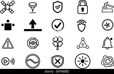 Varied collection of line art symbols including a satellite, security shields, a four-leaf clover, and a notification bell, perfect for diverse digita Stock Vector