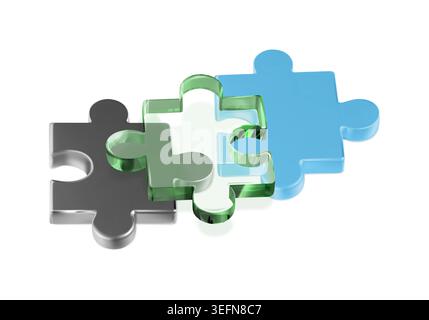 three pieces of jigsaw in pile. 3d icon for team concept. Vector problem solution game for teambuilding. Partnership challenge abstract render. toy Stock Vector