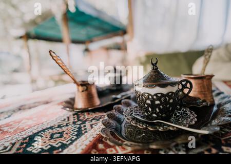 Traditional Turkish Coffee Setup with Ornate Details Stock Photo