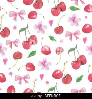 Watercolor Cherry Coquette Seamless  Pattern with Pink Bows, Cherry Blossoms, Hearts for  Wedding Stationery, Fabric, Wrapping Paper Design. Vector. Stock Vector