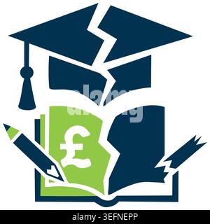Education Cost Crisis Icon with Book Featuring Pound Symbol, Graduation Cap and Broken Pencil Representing Rising Tuition and Financial Pressure. Stock Vector