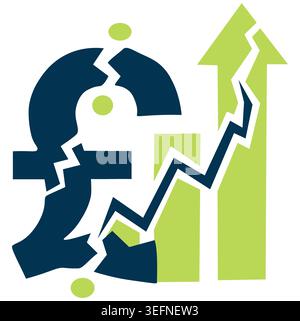 UK Inflation Crisis Icon with Broken Pound Sign and Rising Cost Diagram Indicating Price Surge. Stock Vector