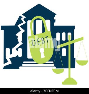 Public Debt Crisis Icon Set with Broken Bank Building, Balance Scale, and Lock Symbolising Government Debt and Fiscal Instability Stock Vector
