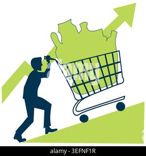 Cost of Living Crisis Icon with Man Pushing Shopping Cart Uphill and Upward Arrow Representing Rising Prices and Financial Struggle. Stock Vector