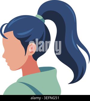 Illustration of a young female side profile with dark blue ponytail and a light green collared top. Stock Vector
