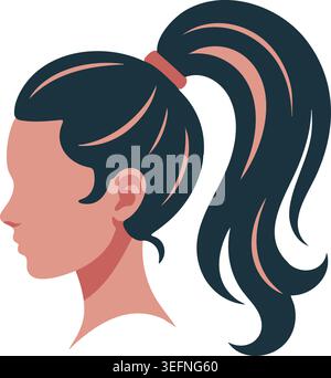 Illustration of a female side profile with a sleek black high ponytail and soft curved hair strands. Stock Vector