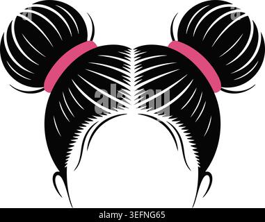 Illustration of a hairstyle with a neat center part and two rounded buns secured with pink bands. Stock Vector