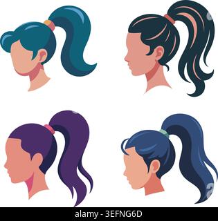 A flat illustration set featuring women’s ponytail hairstyles in different colors and side profile variations. Stock Vector