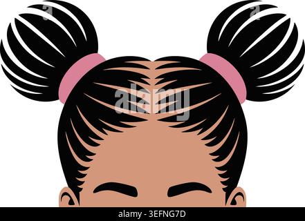 Illustration of a front hairstyle featuring two buns, braided scalp detail, and visible eyebrows at the bottom. Stock Vector