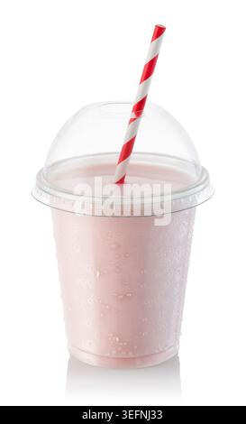 Strawberry milkshake in takeaway plastic clear dome cup with condensation drops isolated on white background Stock Photo