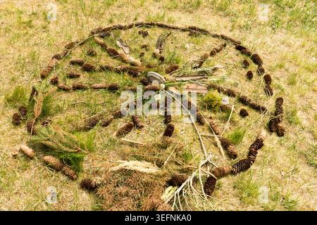 Decorative pine cone mandala wheel created from forest materials on a green lawn as land art, Circle Pattern Stock Photo