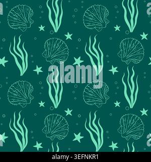 Seamless marine pattern with hand drawn seashells seaweed and starfish on a dark teal background for wallpaper textile and wrapping paper design. Vect Stock Vector