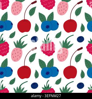 Bright cartoon fruit pattern with cherries, raspberries, strawberries, and blueberries. Stock Vector