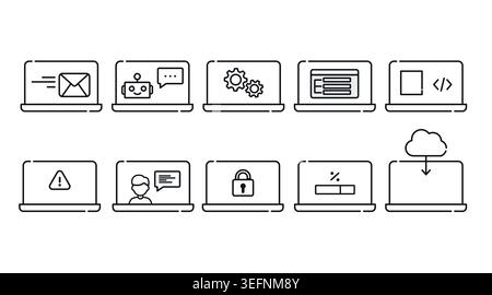 Mega set of 10 laptop computer icons: minimalist black line notebook vectors with security, chatbot, email, and cloud symbols, outline UI style. Stock Vector