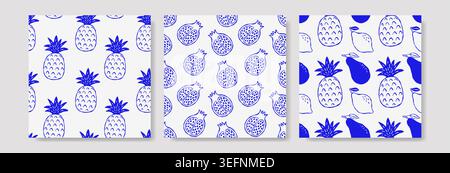 Blue summer fruits motifs on white background, three different pattern variations Stock Vector