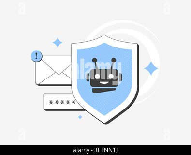 AI security with data protection and threat detection in digital interface. Network security and cybersecurity protect privacy and detect threats for safe data access flat design vector illustration Stock Vector