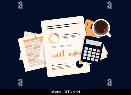 Financial dashboard with business analytics and finance report in digital workspace. Analyze data, track expenses, monitor performance with chart, calculator for business insights vector illustration Stock Vector