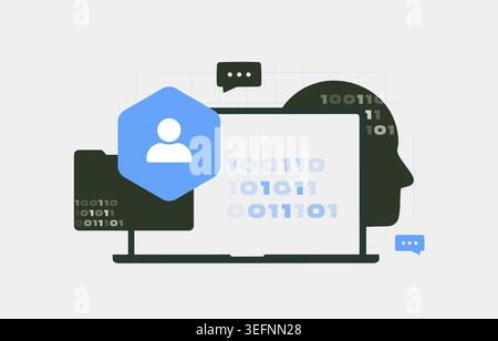 Data privacy with AI processing and user protection in digital interface. Protect personal data information and manage identity for secure communication and privacy control vector illustration. Stock Vector