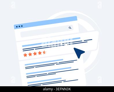 Review snippet with rich snippets and AI overview in search interface. Analyze reviews and rating for search ranking and reputation growth in Sge SEO results vector illustration. Stock Vector