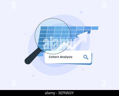 Cohort analysis with user analytics and retention metrics in digital dashboard. Analyze data and track user behavior for product growth, churn rate and performance insights vector illustration. Stock Vector