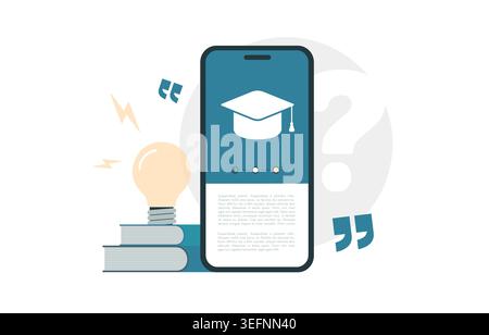 Online learning with mobile education and digital content in smartphone interface. Study lessons and access knowledge for online education growth, skill development with e-learning tools illustration. Stock Vector