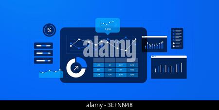 Performance dashboard with analytics charts and KPI metrics for business tracking. Performance dashboard with data visualization and reporting tools for digital analytics vector illustration. Stock Vector