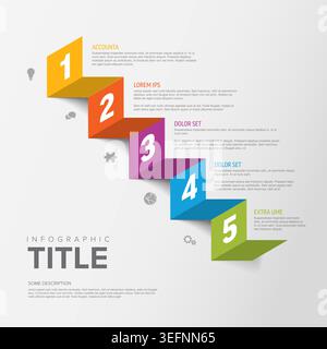 Professional 3d infographic design featuring a staircase ribbon with 5 steps for business data. This infographic layout uses a colorful ribbon to disp Stock Vector