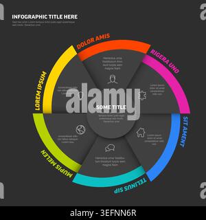 This infographic template features a circular layout with six colorful steps for a clear infographic presentation. Use this dark infographic design to Stock Vector