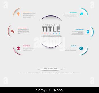 Professional infographic template featuring a clean infographic design with six circular options. This modern infographic uses soft shadows and icons Stock Vector