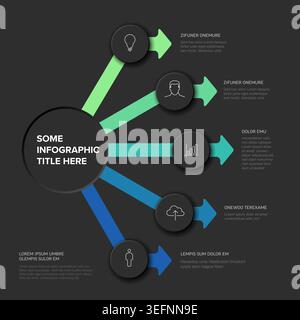 Professional infographic template featuring five colorful arrows and circular icons for business data. This infographic layout uses arrows and icons t Stock Vector