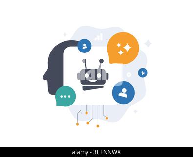 Agentic AI personalization vector illustration. Autonomous bots crafting customer journeys with data streams and adaptive interfaces for hyper-targeted ai marketing campaigns and digital strategies. Stock Vector