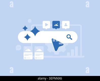 Search Generative Experience - SGE AI-driven content with real-time semantic answers, auto-tagging multimedia. Personalized search generative results for best user engagement and SEO performance. Stock Vector