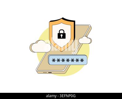 Mobile security shield protects smartphone with lock password field clouds background symbolizing protection data safety cybersecurity technology concept, isolated outline modern vector illustration. Stock Vector