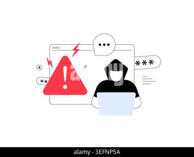 Session hijacking cyber attack hacker. Warning laptop sign stolen data unauthorized access security breach fraud threat phishing malware data theft account takeover digital crime vector illustration. Stock Vector