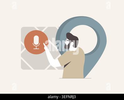 Voice search for nearby places with user location pin, microphone icon, AI assistant response. Local SEO, mobile voice technology. Smart voice search interaction modern UI vector illustration. Stock Vector