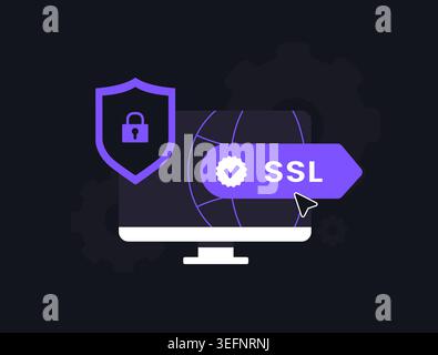 SSL security with Secure Sockets Layer protocol. HTTPS encryption, online privacy, web data protection, website security and safe internet connection for trusted browsing. Flat vector illustration. Stock Vector