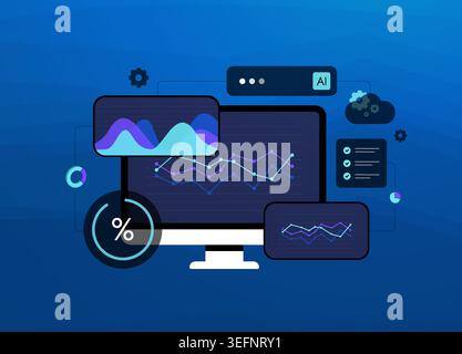 AI-powered business analytics dashboard analyzing market trends and forecasting future growth. Artificial intelligence for predictive ai business analytics, data visualization and strategic insights. Stock Vector