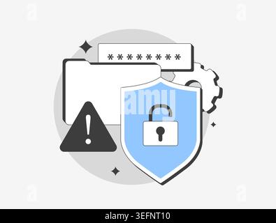 Ransomware data protection with secure file encryption, password shield and alert system for preventing cyber attacks. Ransomware data protection and stop unauthorized access flat vector illustration. Stock Vector