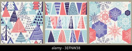 Set of Christmas seamless patterns for greeting cards, wrapping paper. Hand drawn winter backgrounds. Vector illustration Stock Vector