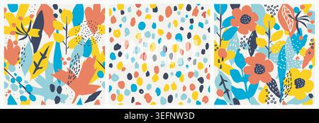 Set of Abstract seamless hand drawn floral patterns. Template greeting card, invitation, wrapping paper, brochure, website background. Vecto Stock Vector