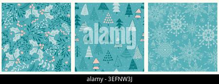 Set of Christmas seamless patterns for greeting cards, wrapping paper. Hand drawn winter backgrounds. Vector illustration Stock Vector