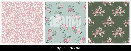 Set of Abstract seamless hand drawn floral patterns. Template greeting card, invitation, wrapping paper, brochure, website background. Vecto Stock Vector