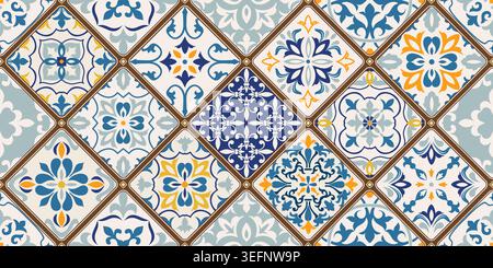 Seamless colorful patchwork tile with Islam, Arabic, Indian,   Mediterranean motifs. Portuguese, Spain decor. Ceramic tile in talavera style. Vector Stock Vector
