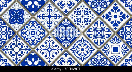 Seamless colorful patchwork tile with Islam, Arabic, Indian,   Mediterranean motifs. Portuguese, Spain decor. Ceramic tile in talavera style. Vector Stock Vector