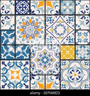 Seamless patchwork tile with Victorian motifs. Majolica pottery tile, azulejo, original traditional Portuguese and Spain decor. Vector illustration Stock Vector