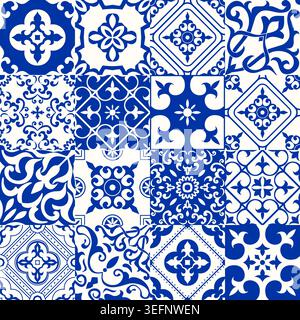 Seamless patchwork tile with Victorian motifs. Majolica pottery tile, azulejo, original traditional Portuguese and Spain decor. Vector illustration Stock Vector