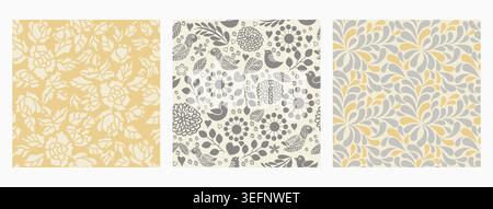Set of Abstract seamless hand drawn floral patterns. Template greeting card, invitation, wrapping paper, brochure, website background. Vecto Stock Vector