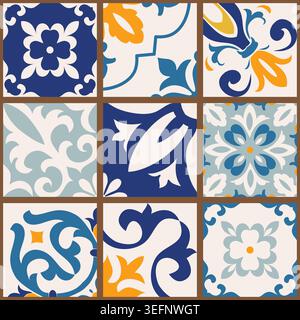 Collection of 9 colorful tiles. Seamless patchwork tile with Islam, Arabic, Indian, motives. Majolica pottery tile, blue, yellow azulejo, Vector Stock Vector