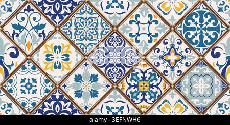 Seamless colorful patchwork tile with Islam, Arabic, Indian,   Mediterranean motifs. Portuguese, Spain decor. Ceramic tile in talavera style. Vector Stock Vector